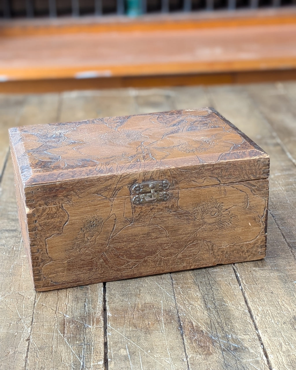 Lidded Wooden Box with Wood Burned Design