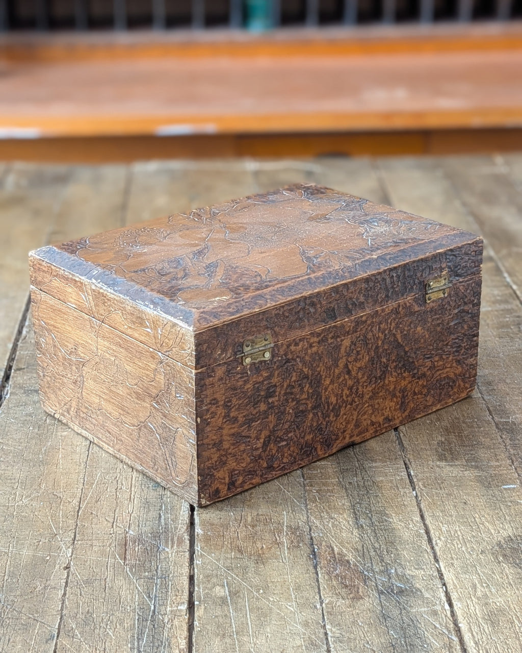 Lidded Wooden Box with Wood Burned Design