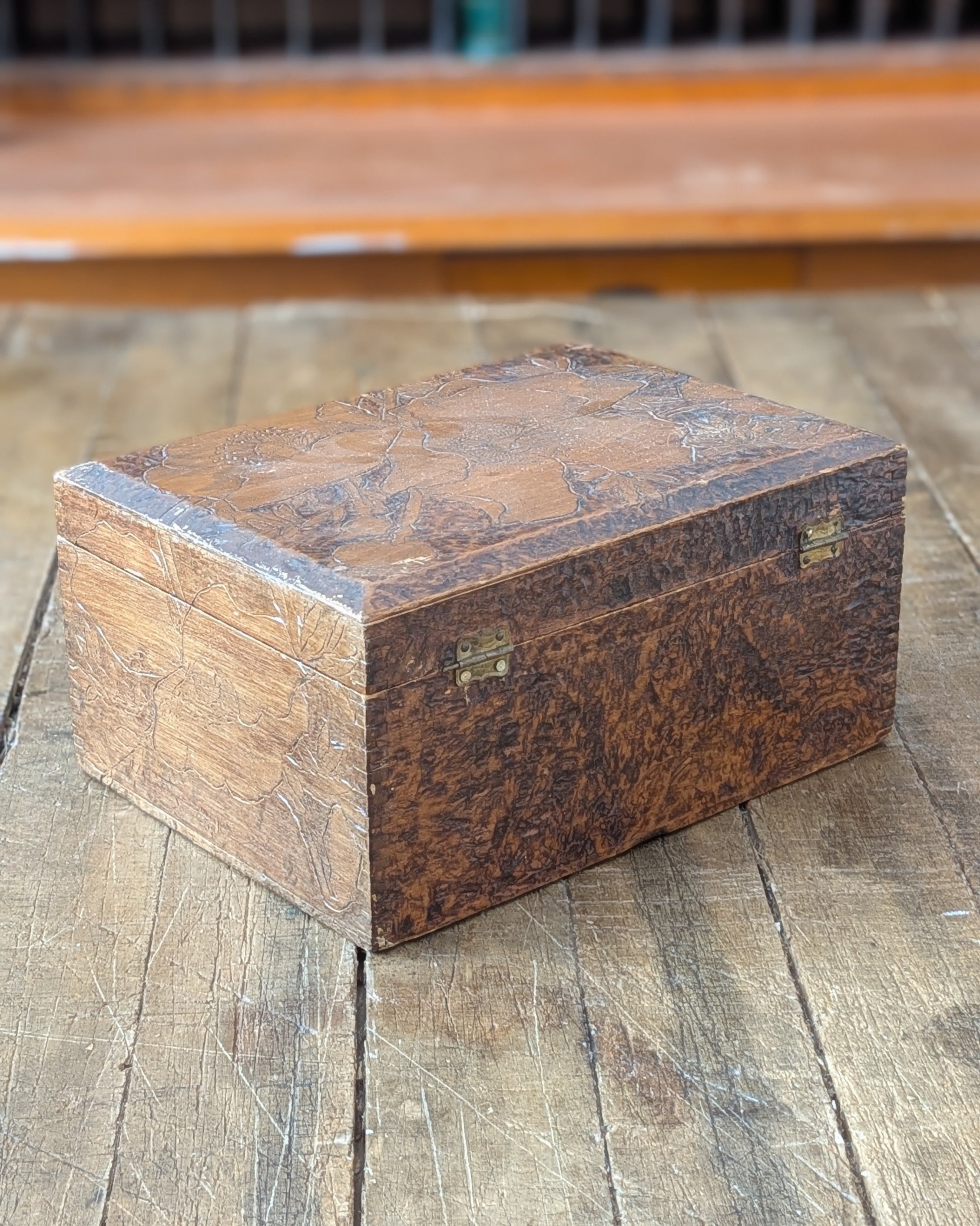 Lidded Wooden Box with Wood Burned Design