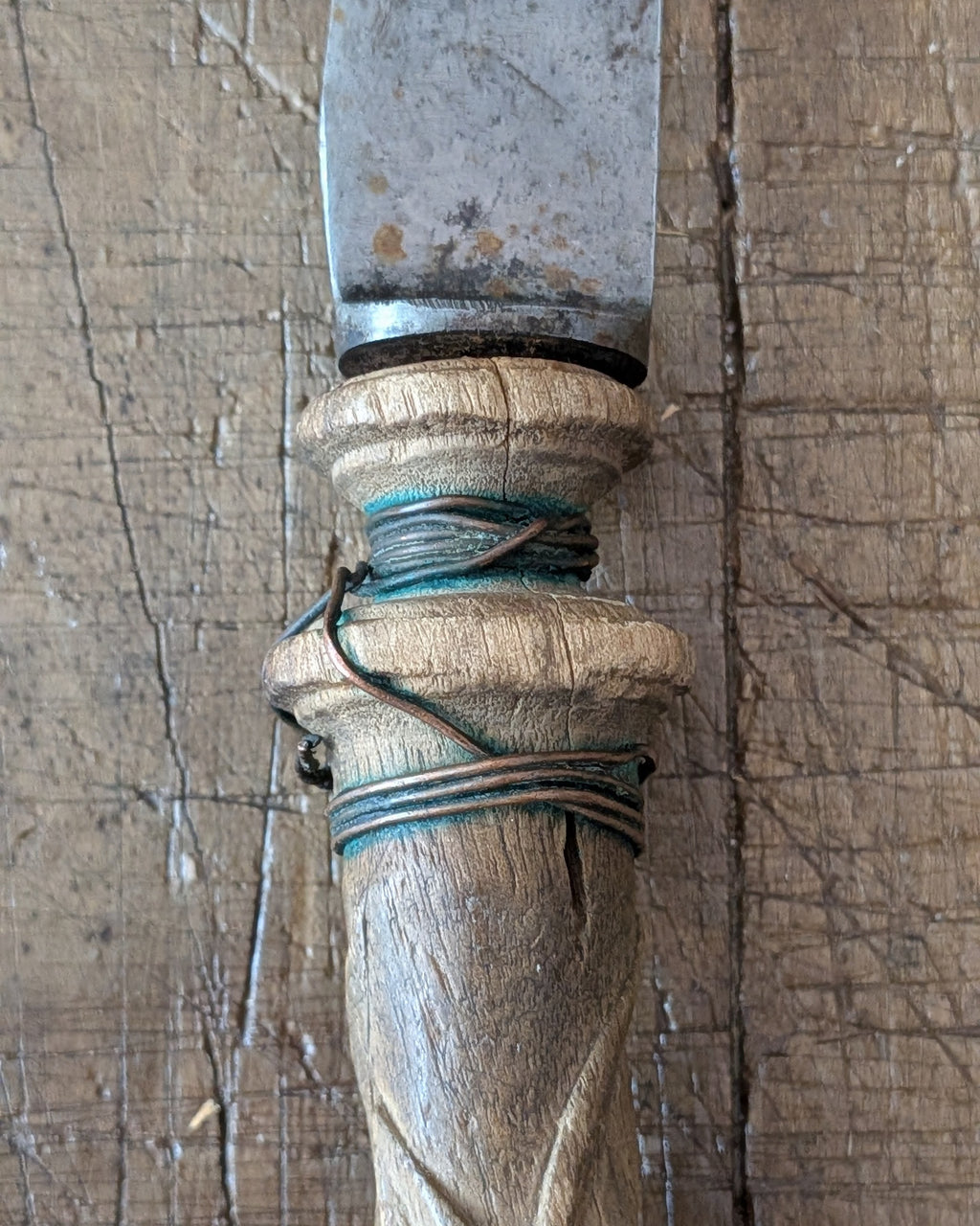 1800s Carved Wooden Handled Bread Knife with Wire Repair
