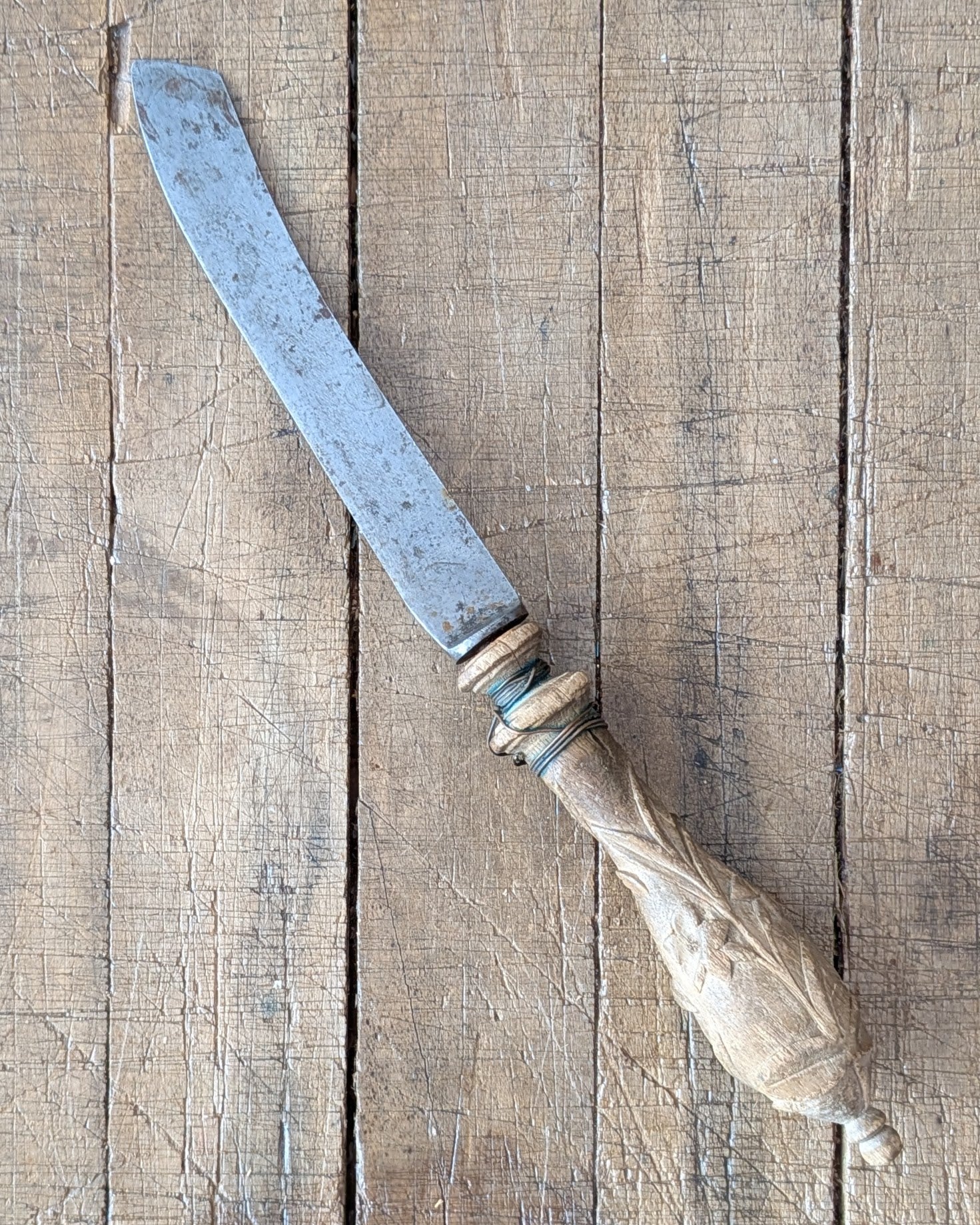 1800s Carved Wooden Handled Bread Knife with Wire Repair