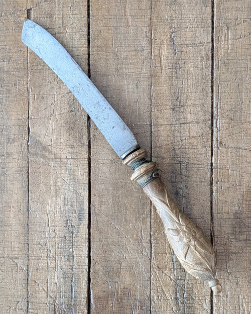 1800s Carved Wooden Handled Bread Knife with Wire Repair