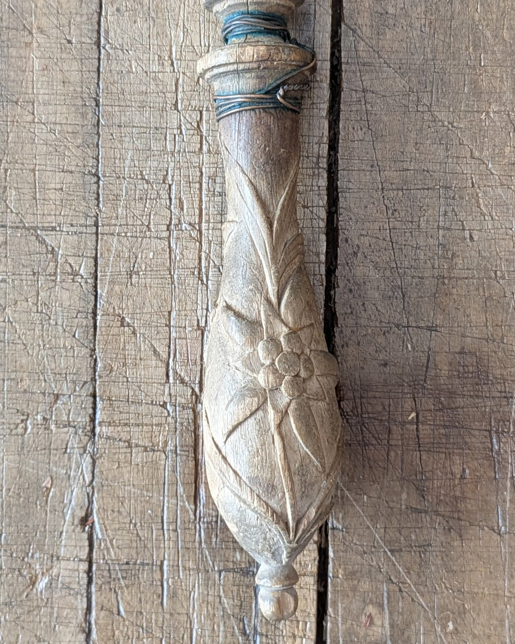 1800s Carved Wooden Handled Bread Knife with Wire Repair