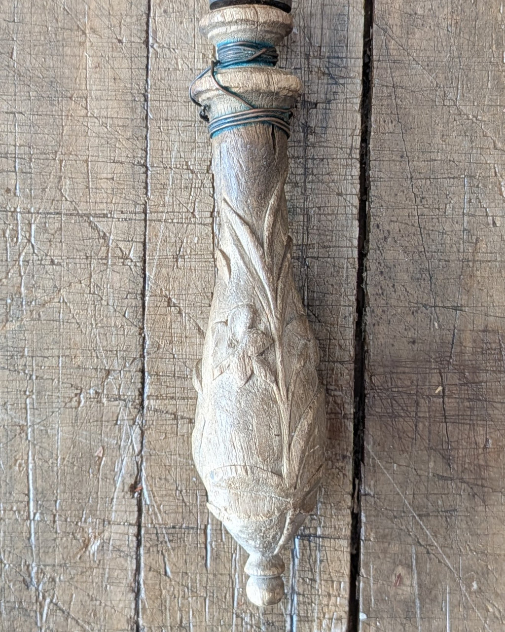 1800s Carved Wooden Handled Bread Knife with Wire Repair