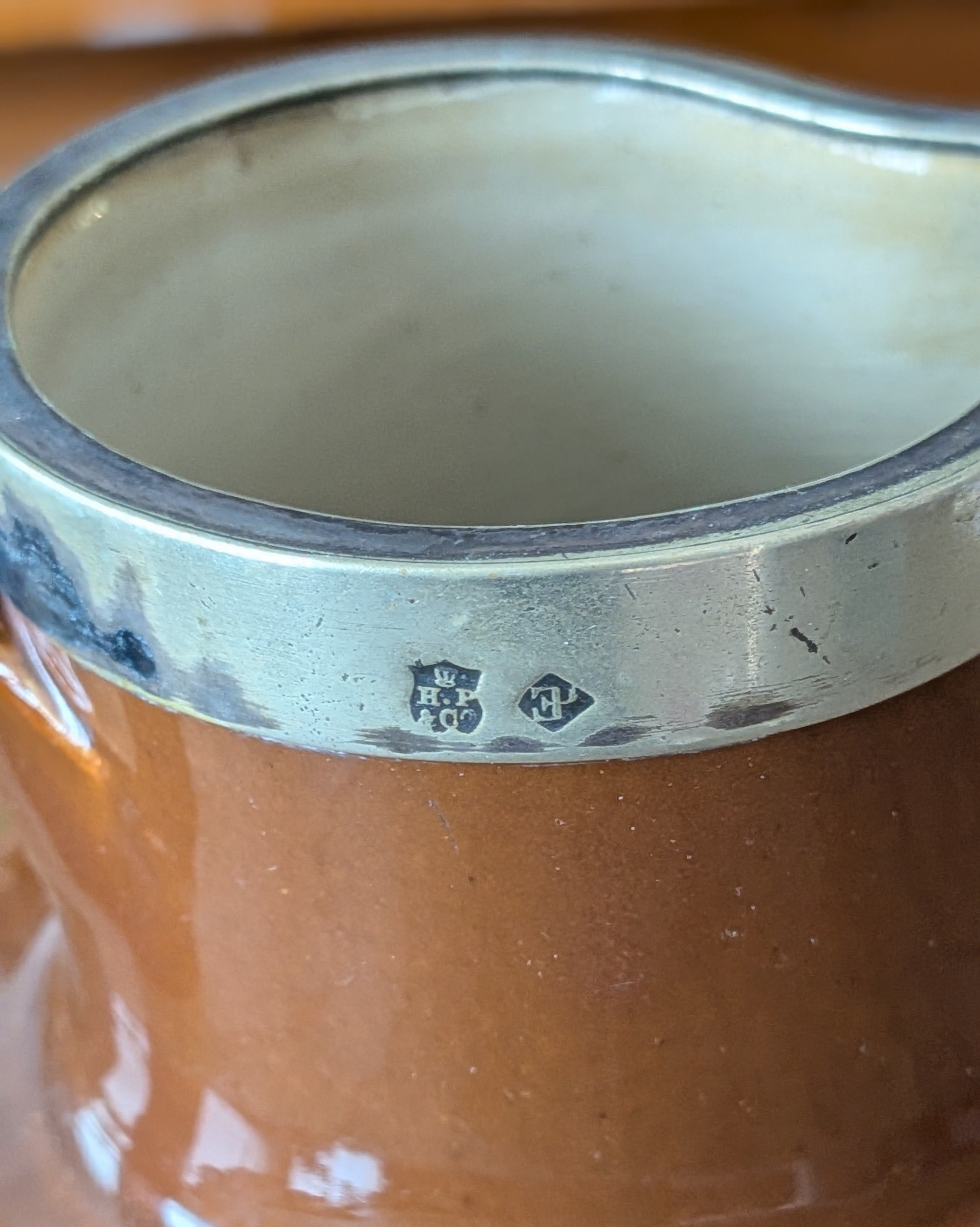 Large Stoneware Hunting Jug with Silver Rim