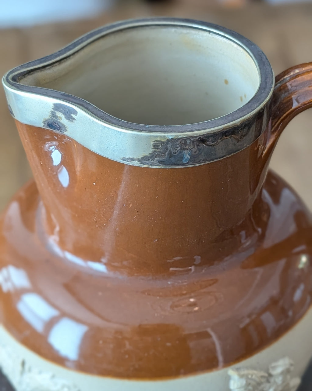 Large Stoneware Hunting Jug with Silver Rim
