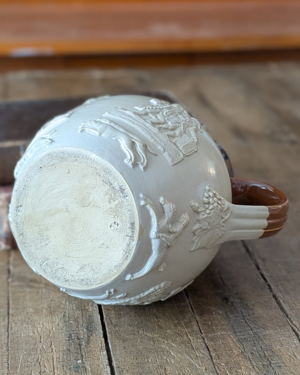 Large Stoneware Hunting Jug with Silver Rim