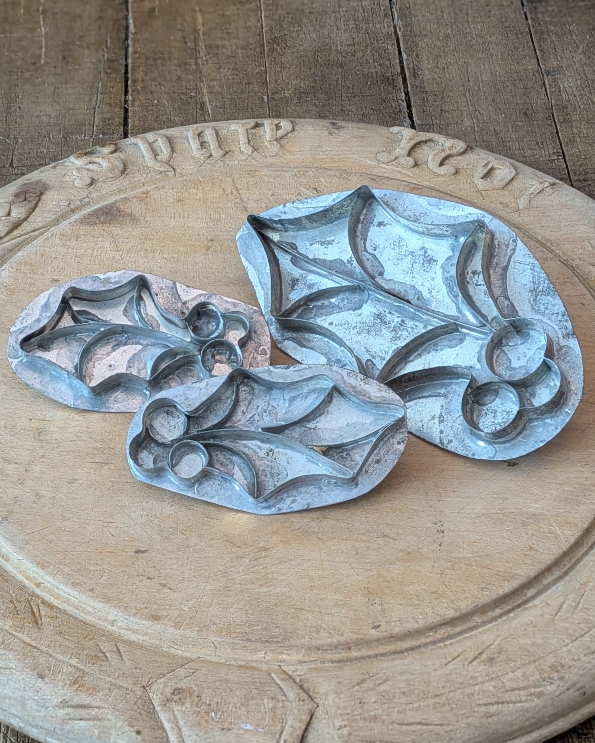 Set of 3 Antique Tin Holly Cookie Cutters