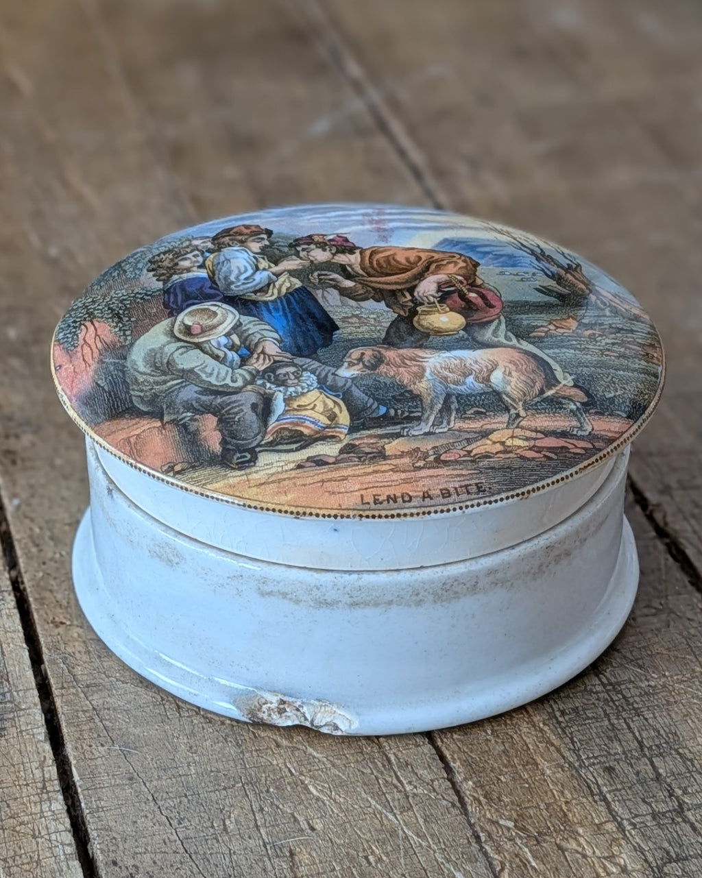 c1870 Prattware Lidded Pot 'Lend A Bite'