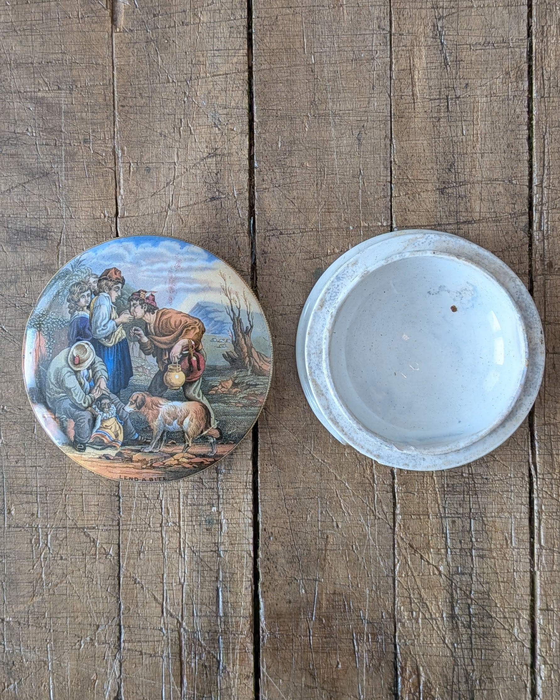 c1870 Prattware Lidded Pot 'Lend A Bite'
