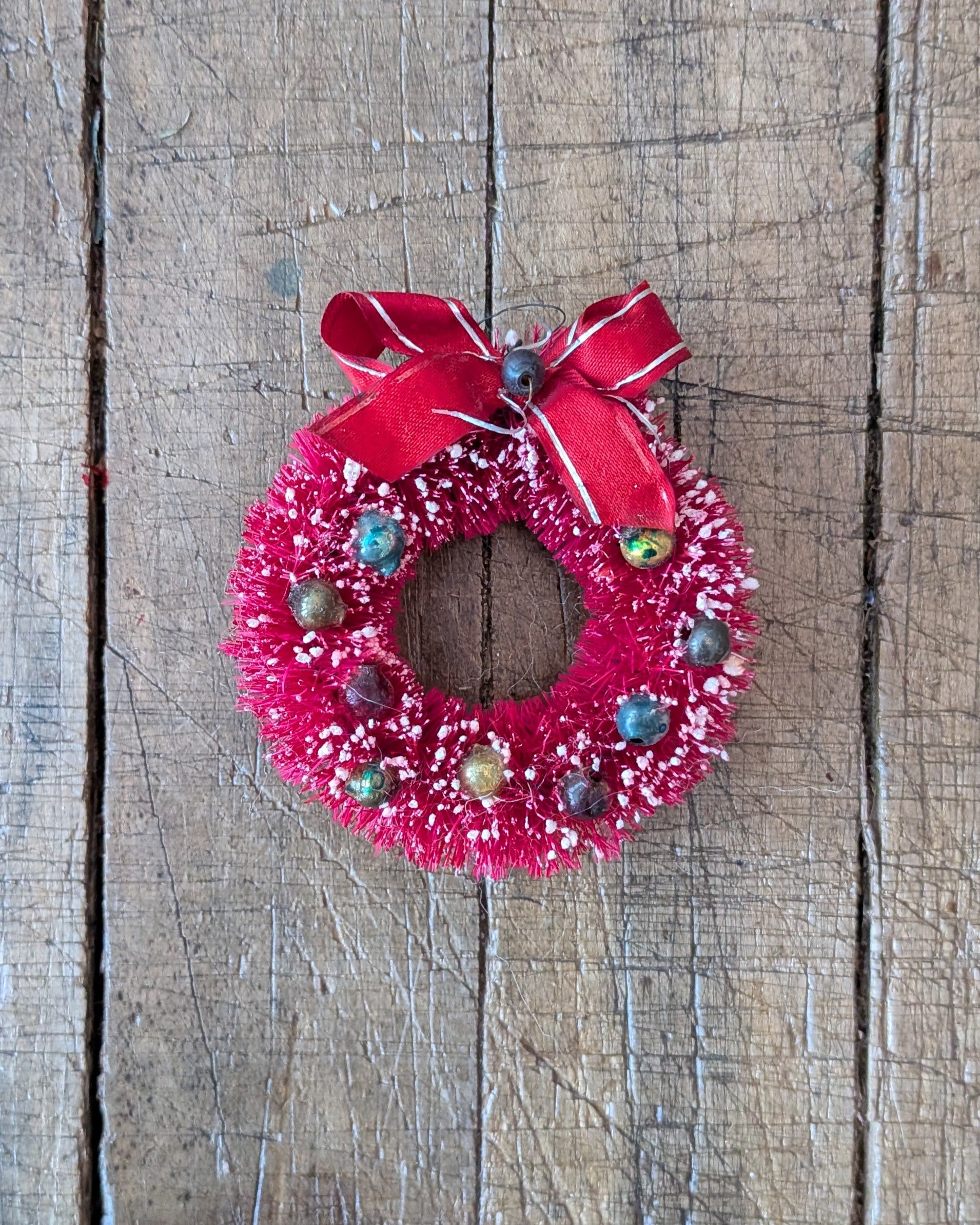Tiny Vintage Bottle Brush Wreath with Mercury Glass Beads & Bow