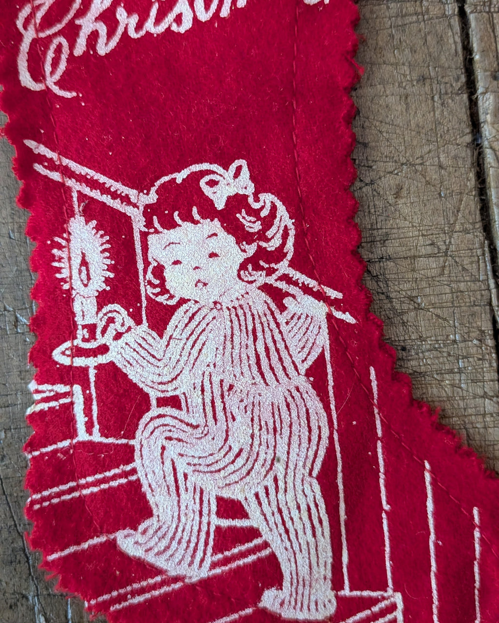 Small Vintage Felt Stocking with Girl Climbing Stairs
