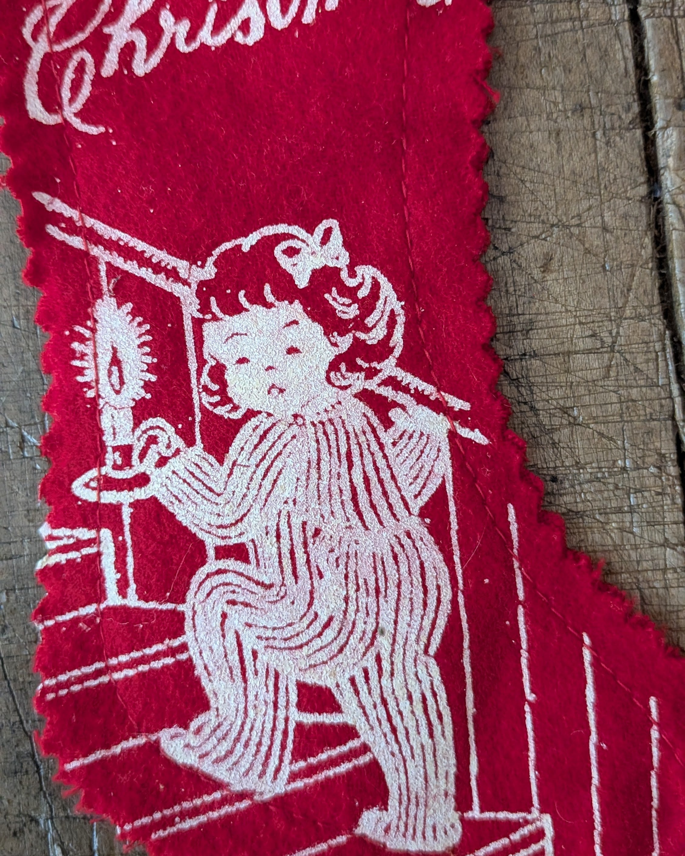 Small Vintage Felt Stocking with Girl Climbing Stairs