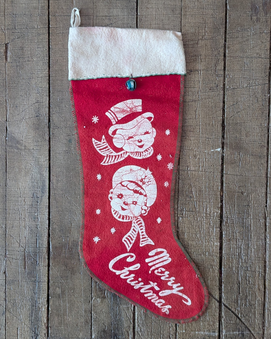 Large Vintage Felt Stocking with Snow Couple & Merry Christmas