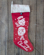 Large Vintage Felt Stocking with Snow Couple & Merry Christmas