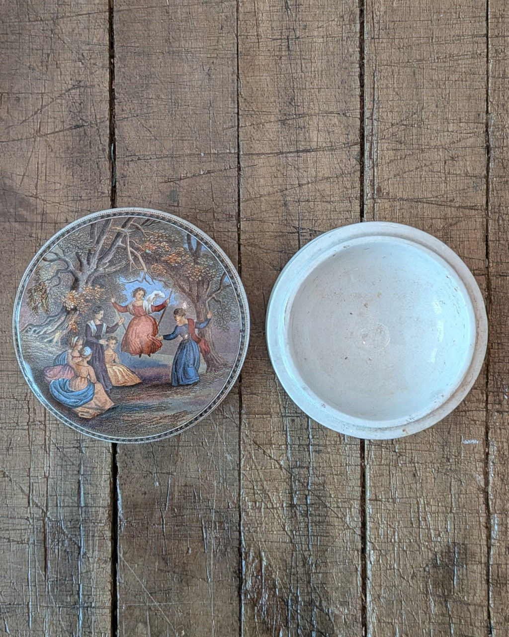c1870 Prattware Lidded Pot 'The Swing'