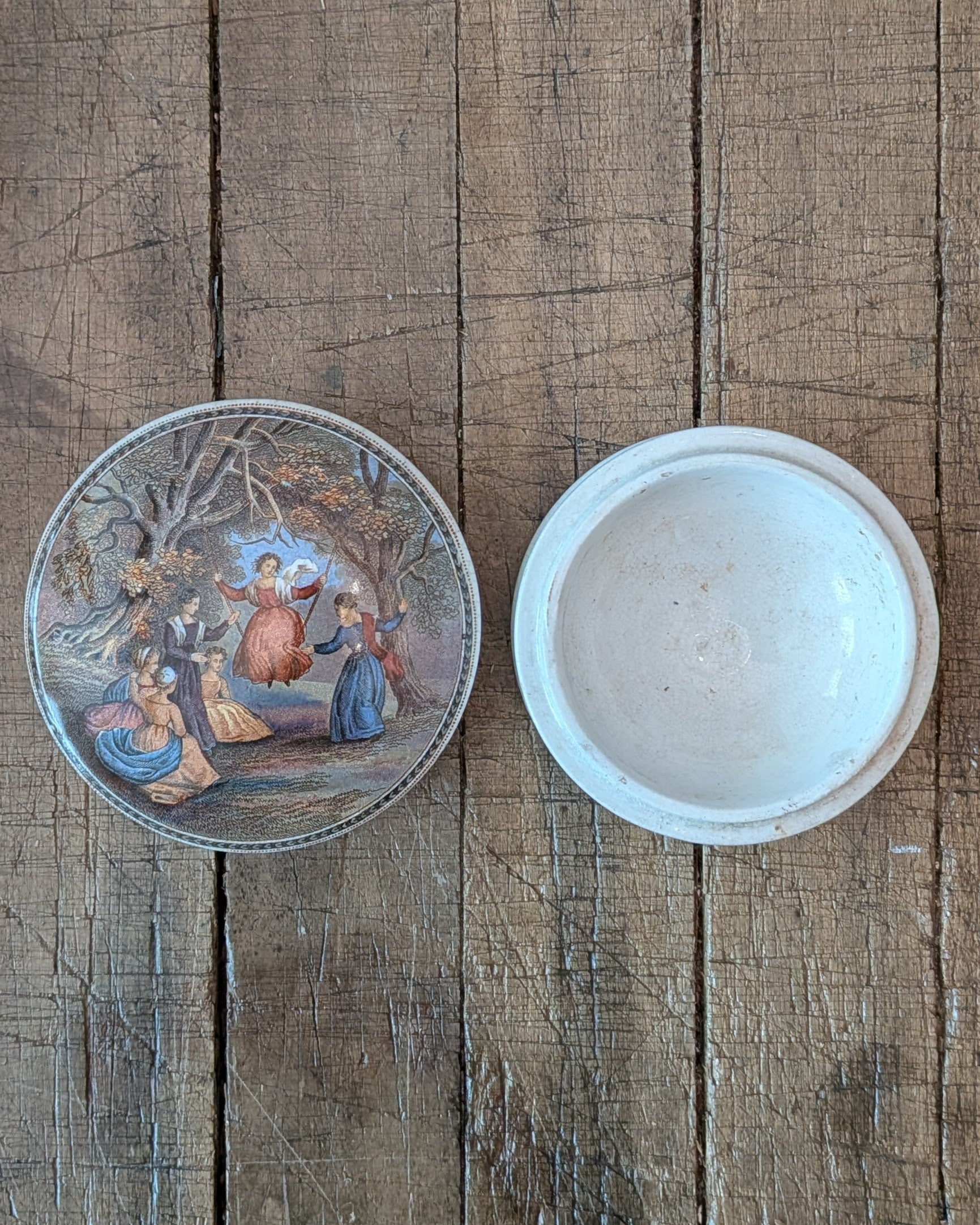 c1870 Prattware Lidded Pot 'The Swing'