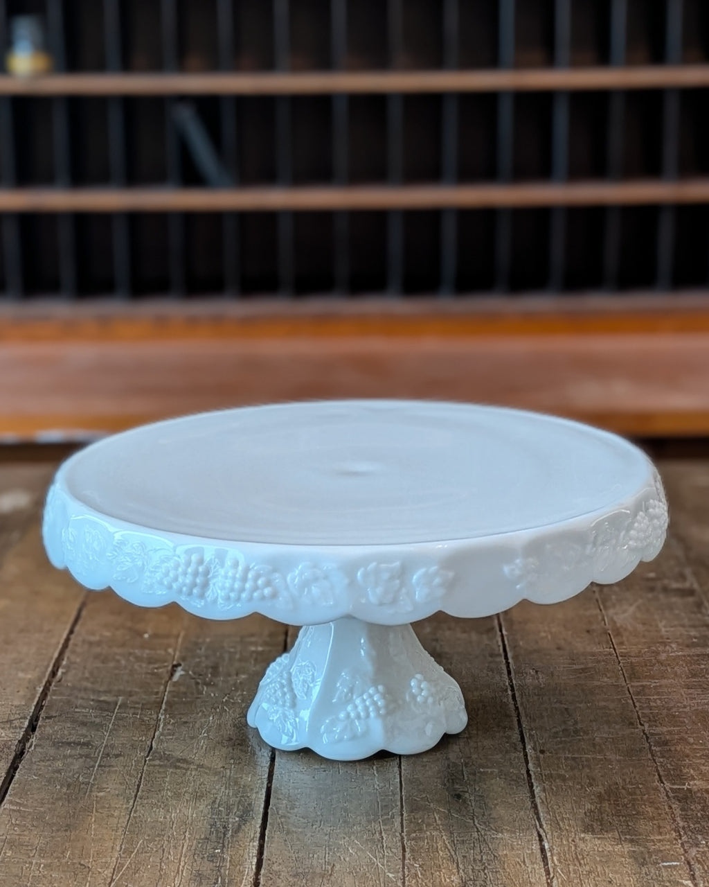 Vintage Paneled Grape Milk Glass Footed Cake Stand