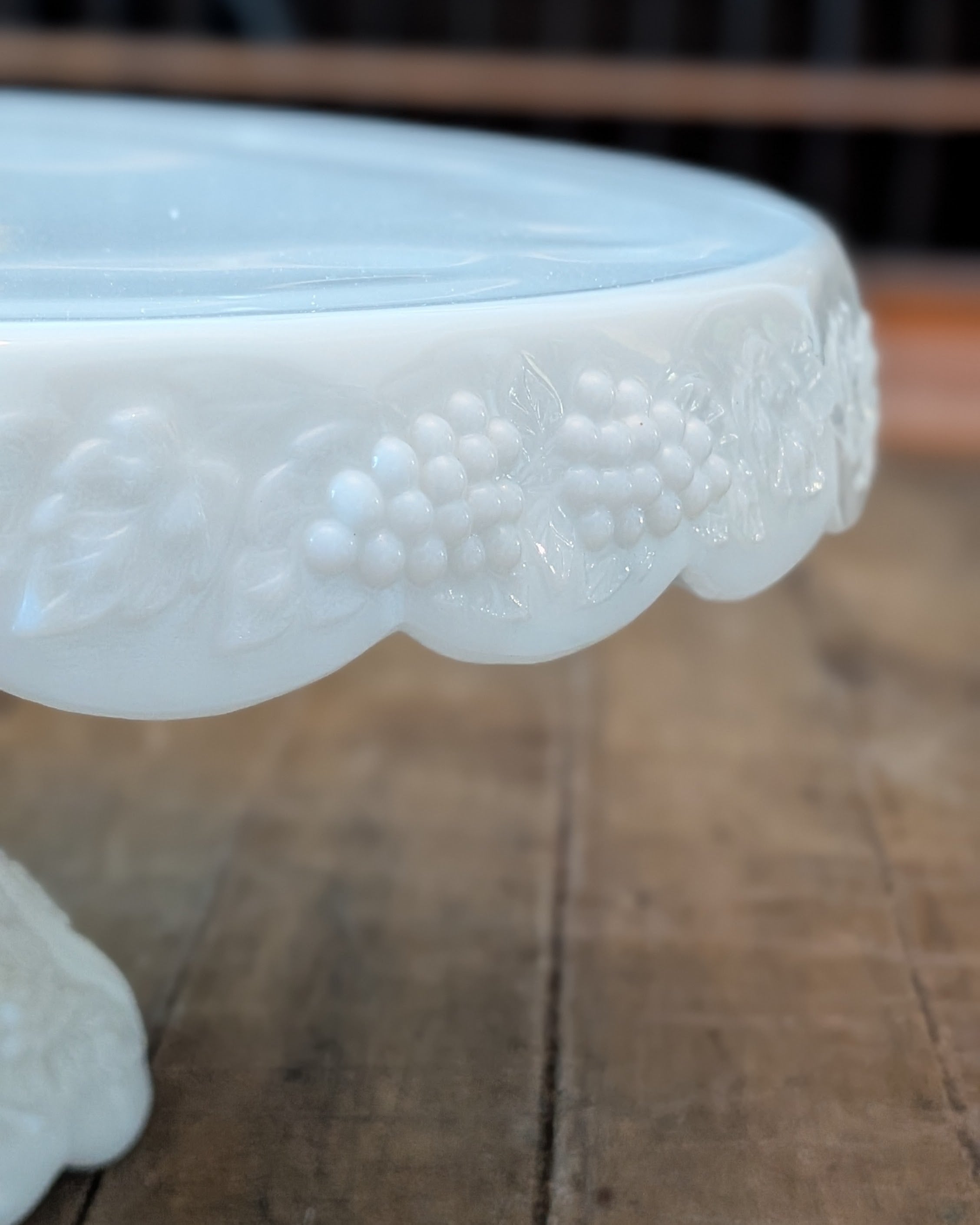 Vintage Paneled Grape Milk Glass Footed Cake Stand