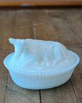 Vintage Milk Glass Covered Dish with Cow on a Ribbed Basket