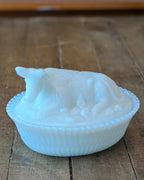 Vintage Milk Glass Covered Dish with Cow on a Ribbed Basket