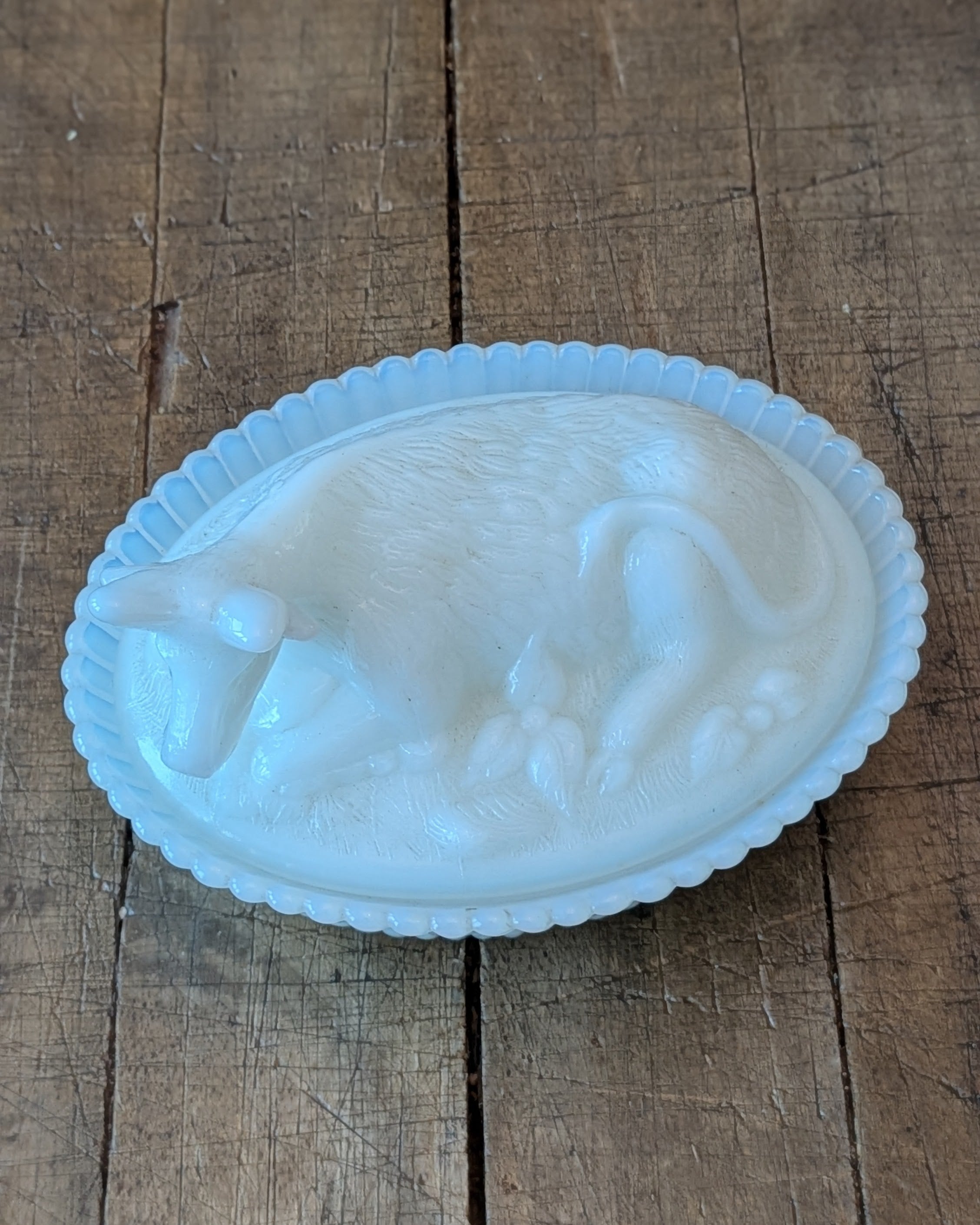 Vintage Milk Glass Covered Dish with Cow on a Ribbed Basket