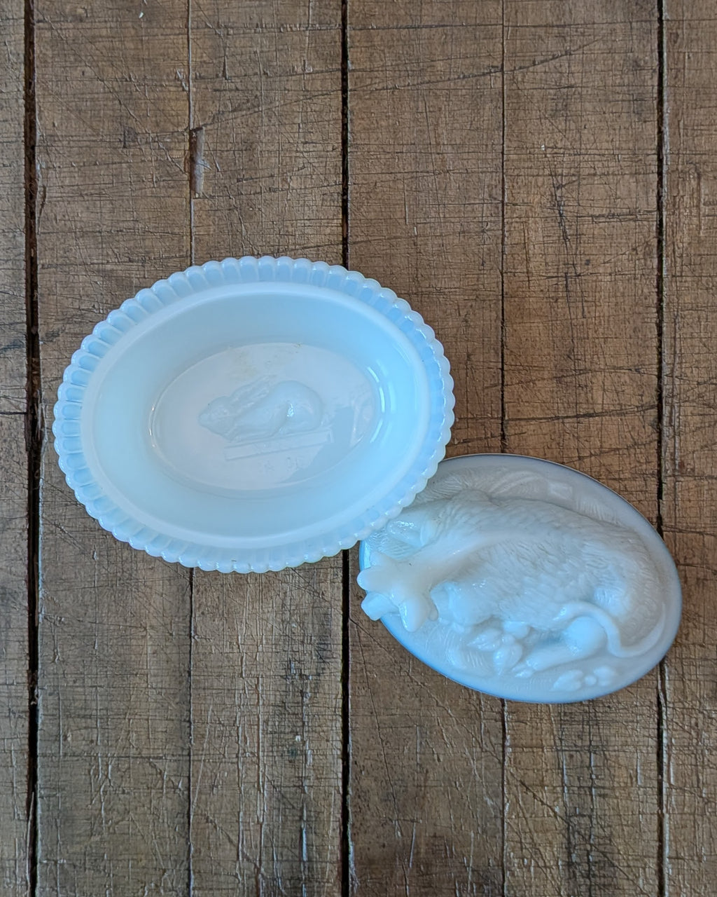 Vintage Milk Glass Covered Dish with Cow on a Ribbed Basket