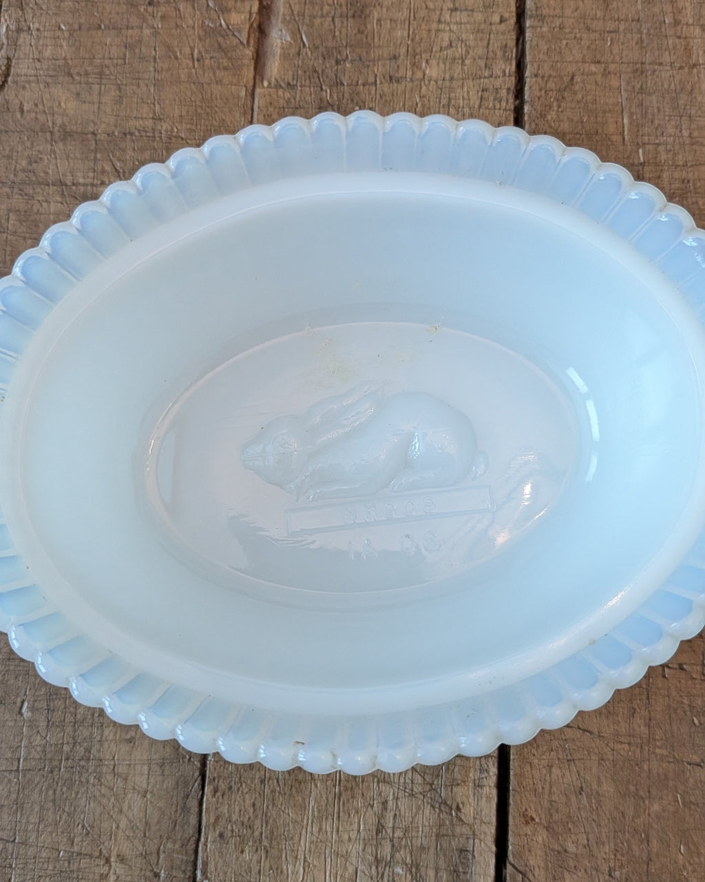 Vintage Milk Glass Covered Dish with Cow on a Ribbed Basket