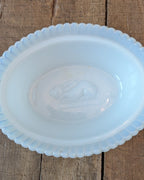 Vintage Milk Glass Covered Dish with Cow on a Ribbed Basket