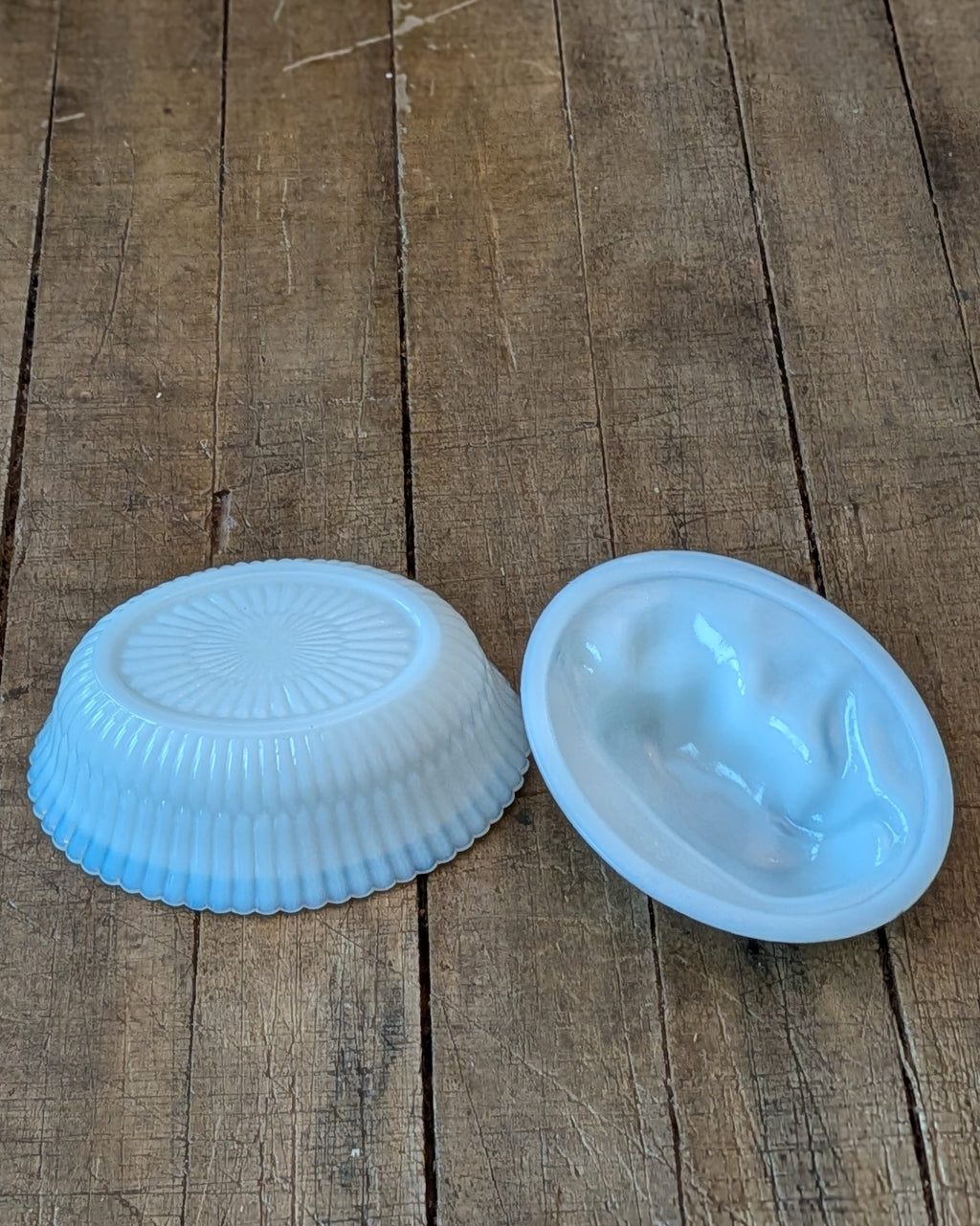 Vintage Milk Glass Covered Dish with Cow on a Ribbed Basket