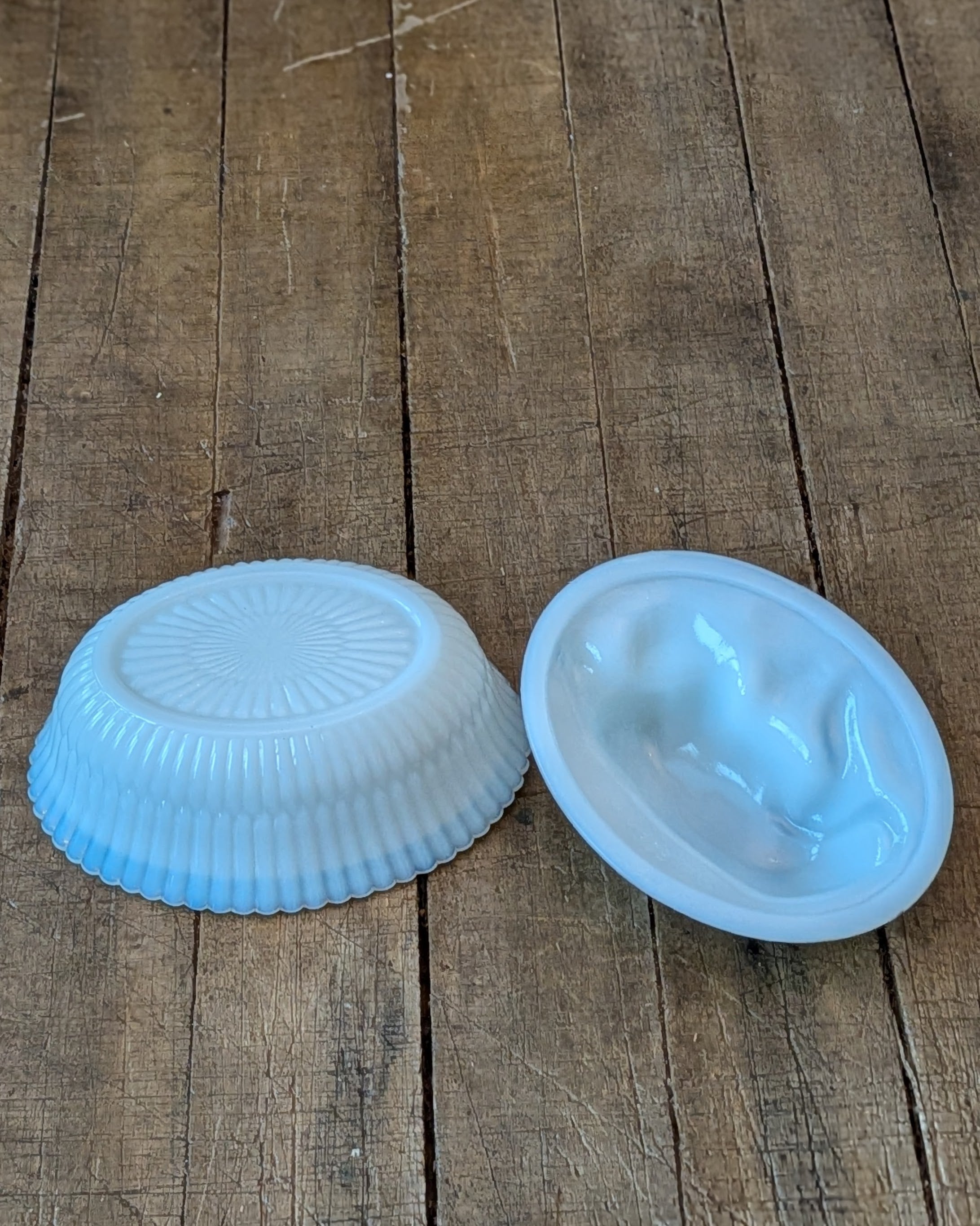 Vintage Milk Glass Covered Dish with Cow on a Ribbed Basket