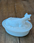 Vintage Milk Glass Covered Dish with Cow on a Ribbed Basket