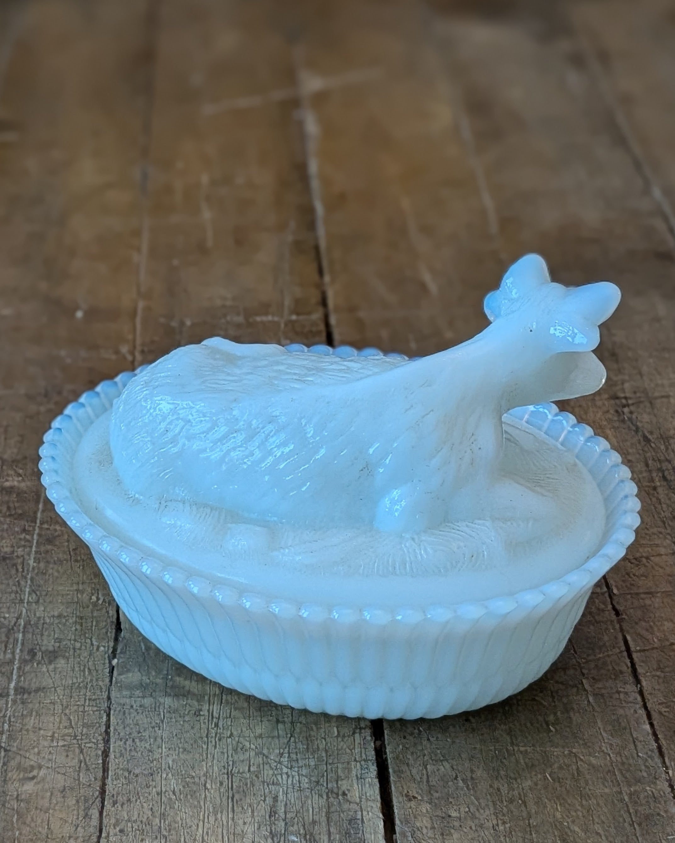 Vintage Milk Glass Covered Dish with Cow on a Ribbed Basket