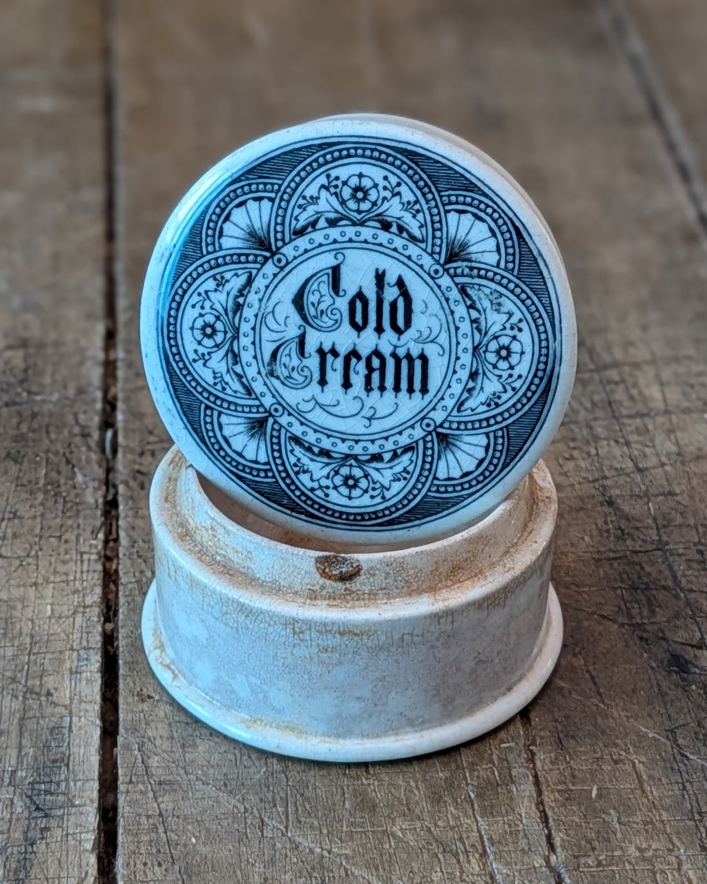Victorian-era Ironstone Cold Cream Lidded Advertising Pot