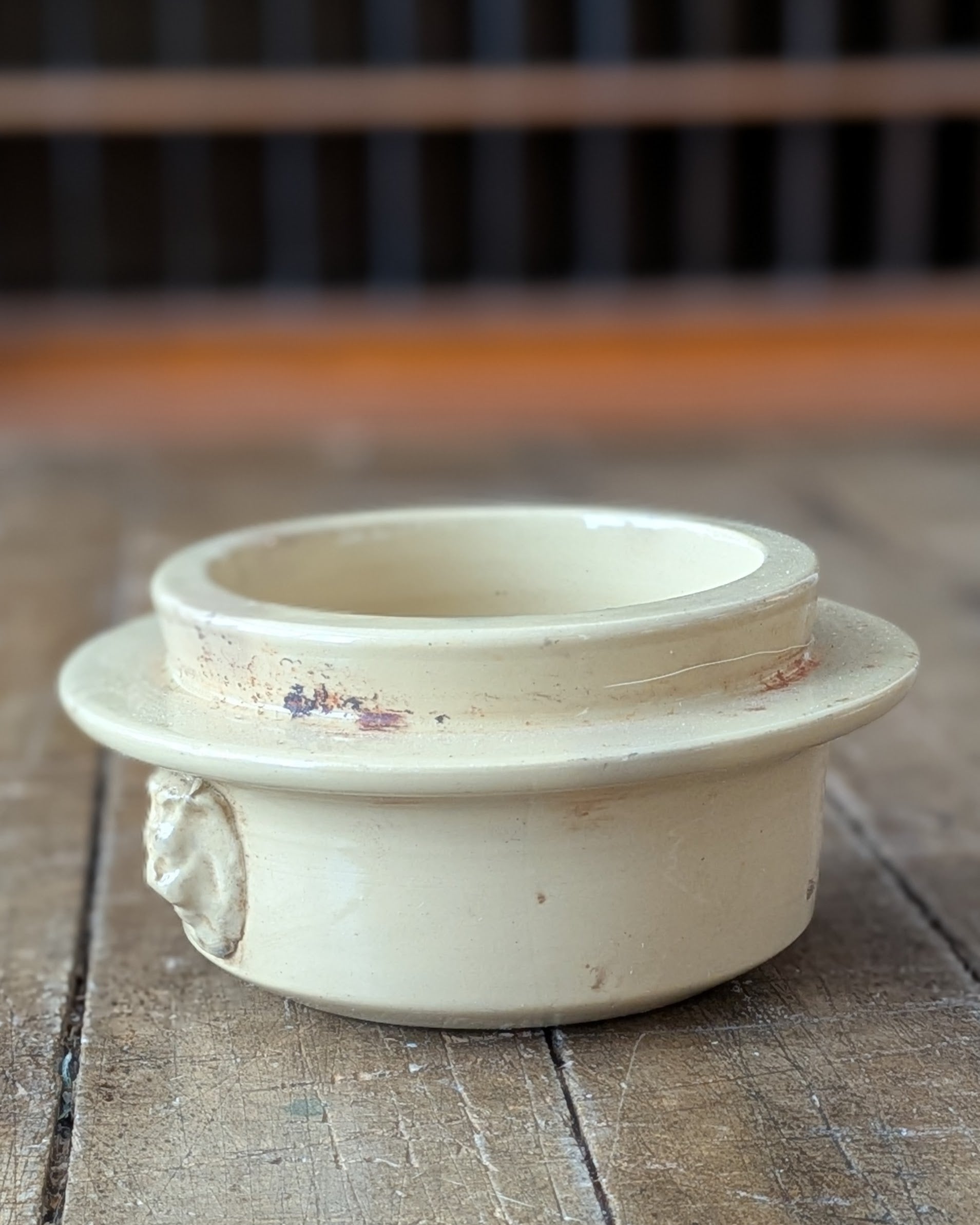 Antique Yellow Glazed Stoneware Caviar Pot with Lion Head Handles