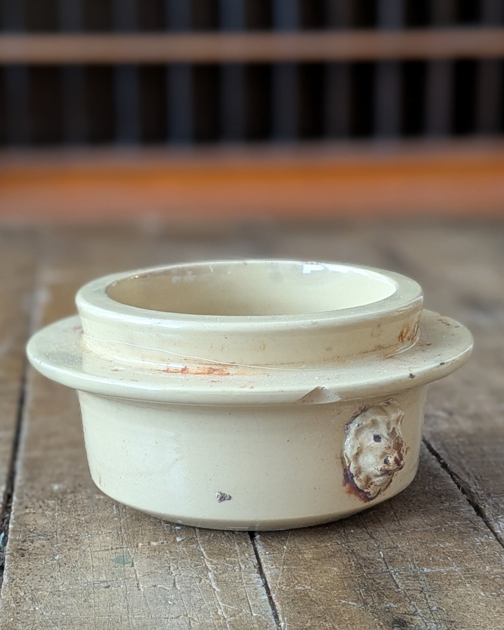 Antique Yellow Glazed Stoneware Caviar Pot with Lion Head Handles