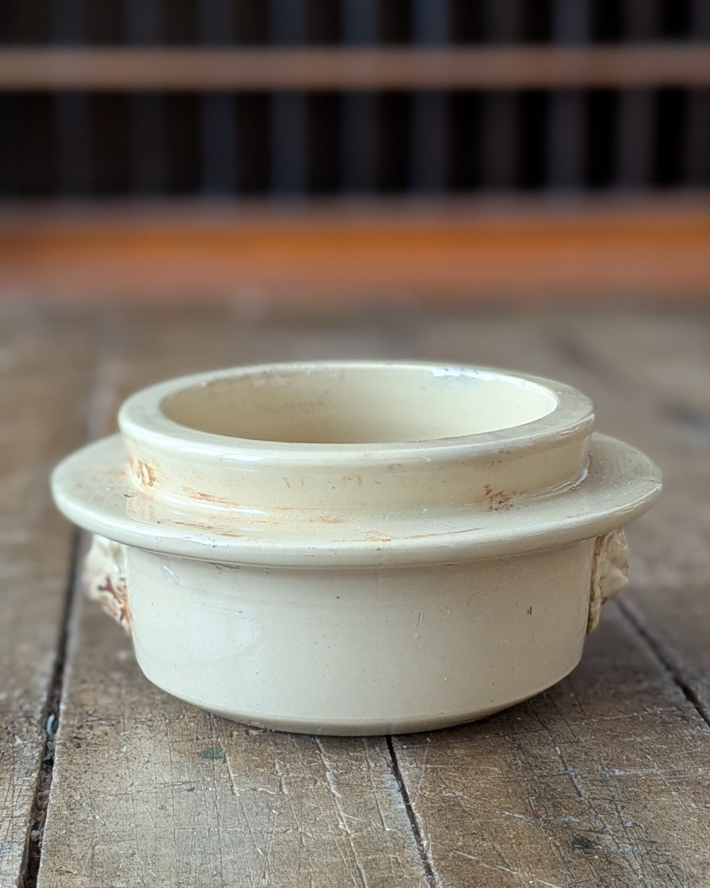 Antique Yellow Glazed Stoneware Caviar Pot with Lion Head Handles