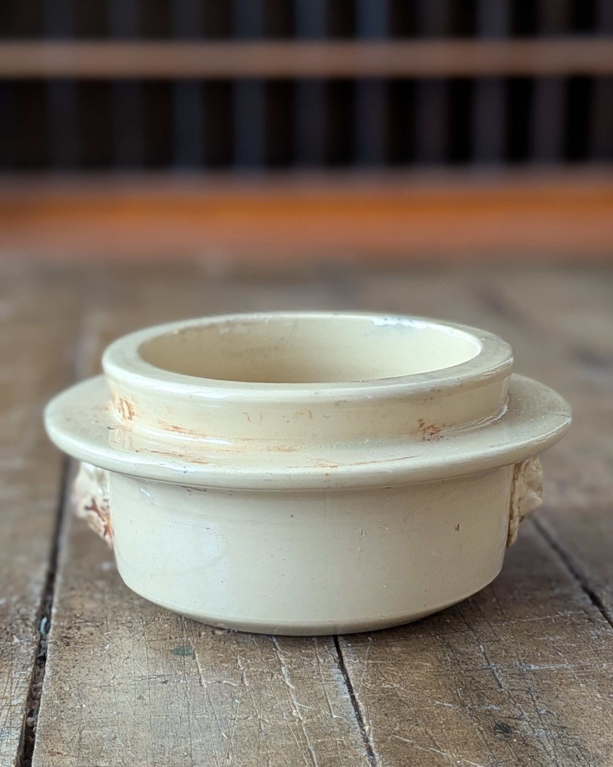 Antique Yellow Glazed Stoneware Caviar Pot with Lion Head Handles