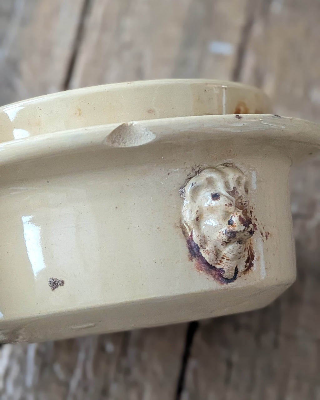 Antique Yellow Glazed Stoneware Caviar Pot with Lion Head Handles