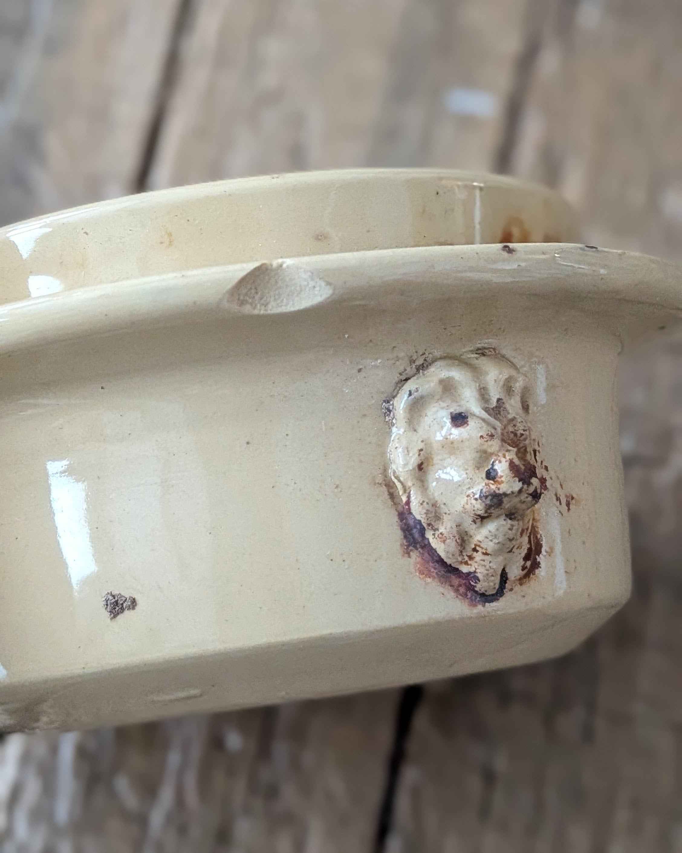 Antique Yellow Glazed Stoneware Caviar Pot with Lion Head Handles