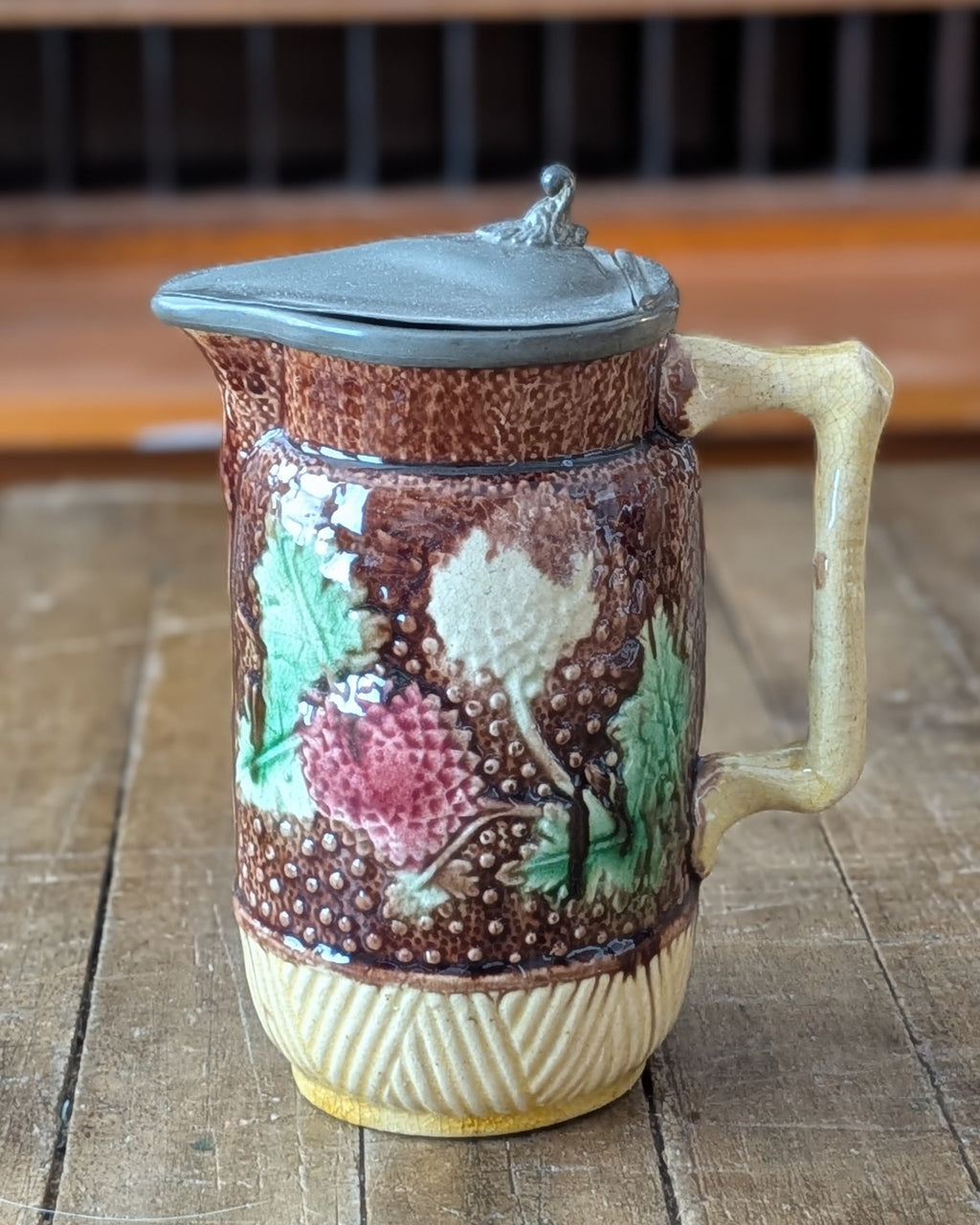 Antique Victorian Majolica Syrup or Milk Jug with Hinged Pewter Lid, c1880