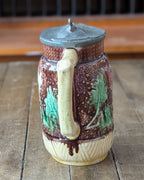 Antique Victorian Majolica Syrup or Milk Jug with Hinged Pewter Lid, c1880
