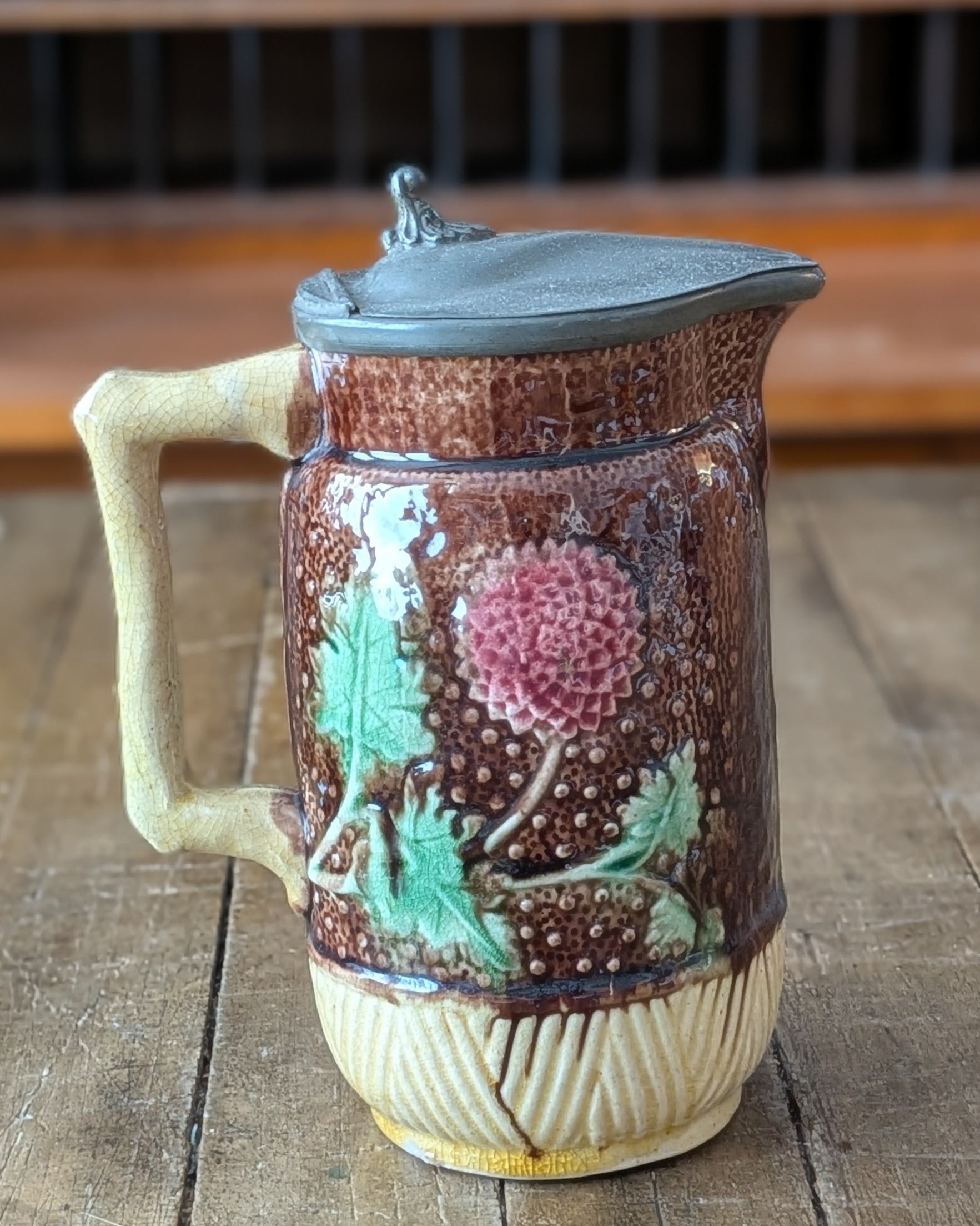 Antique Victorian Majolica Syrup or Milk Jug with Hinged Pewter Lid, c1880