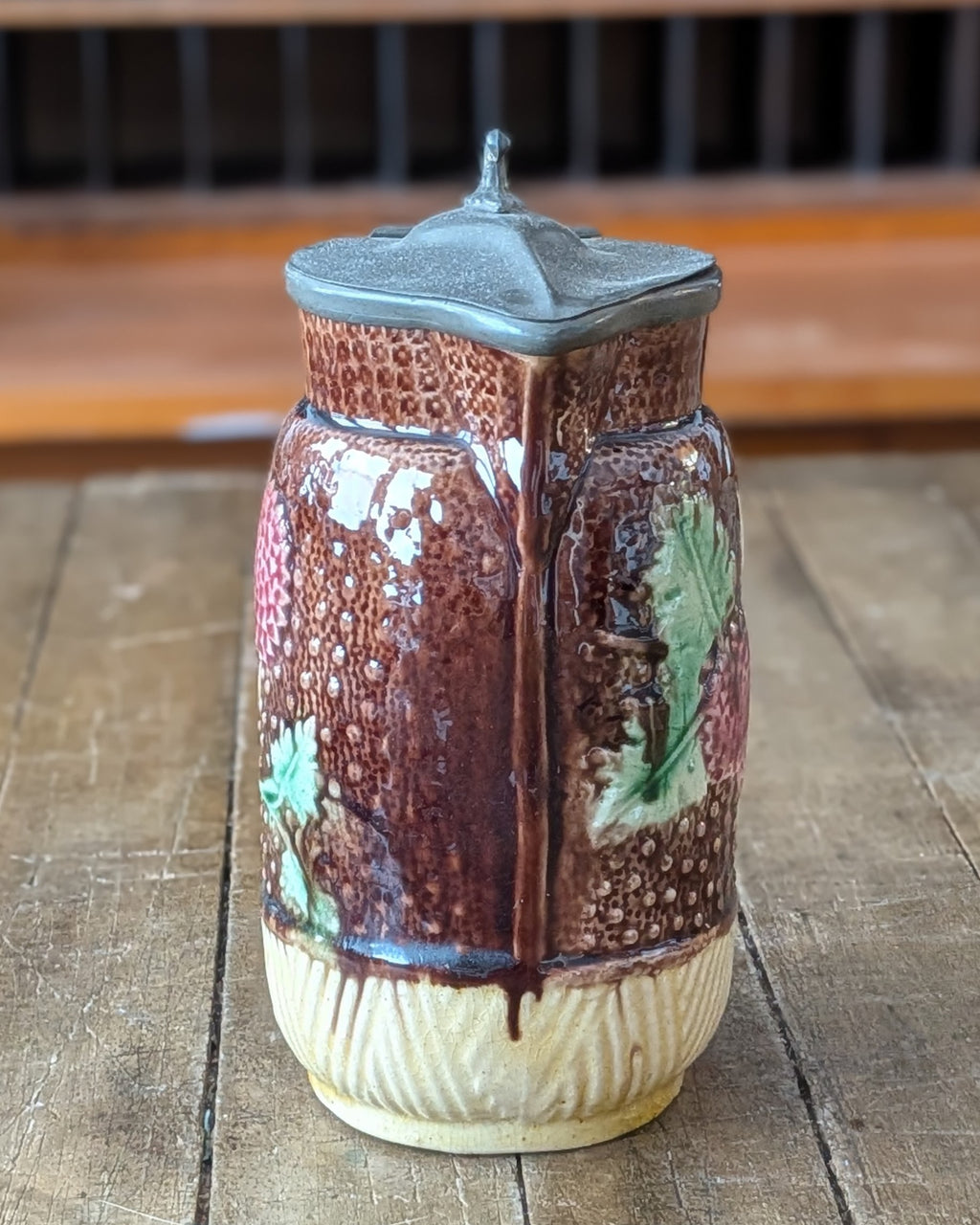 Antique Victorian Majolica Syrup or Milk Jug with Hinged Pewter Lid, c1880