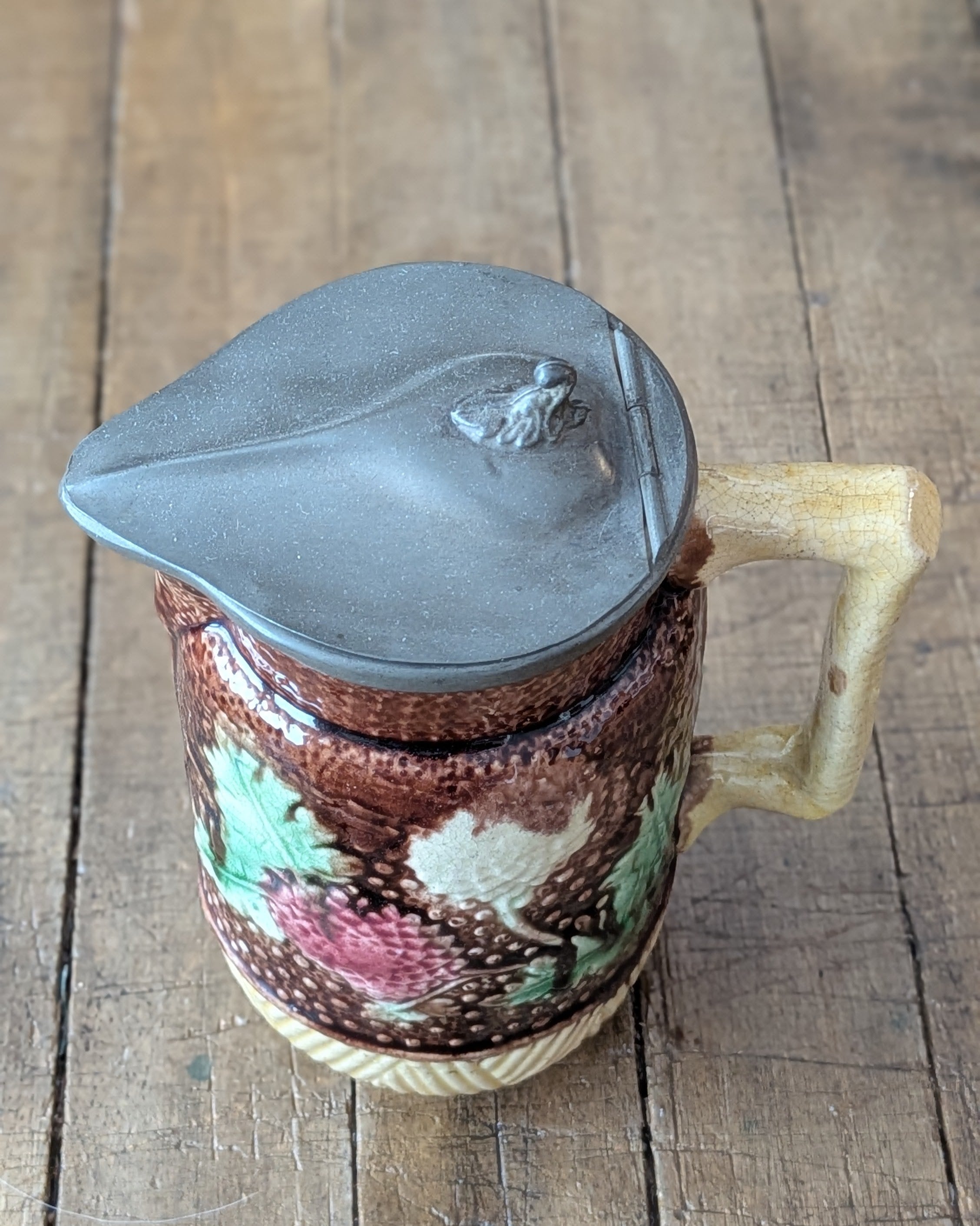 Antique Victorian Majolica Syrup or Milk Jug with Hinged Pewter Lid, c1880