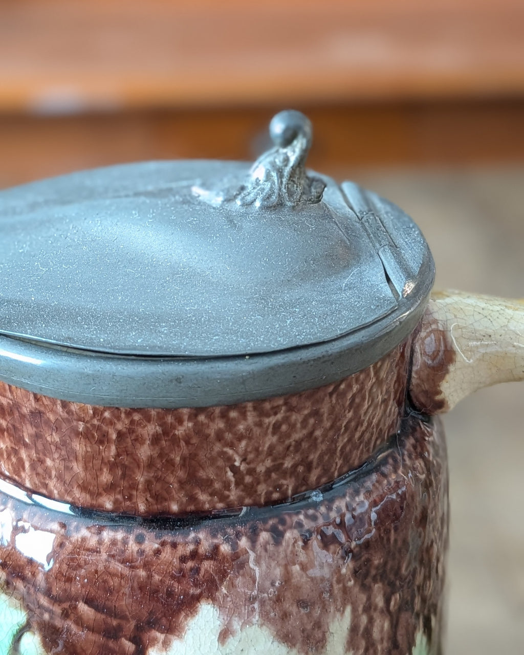 Antique Victorian Majolica Syrup or Milk Jug with Hinged Pewter Lid, c1880