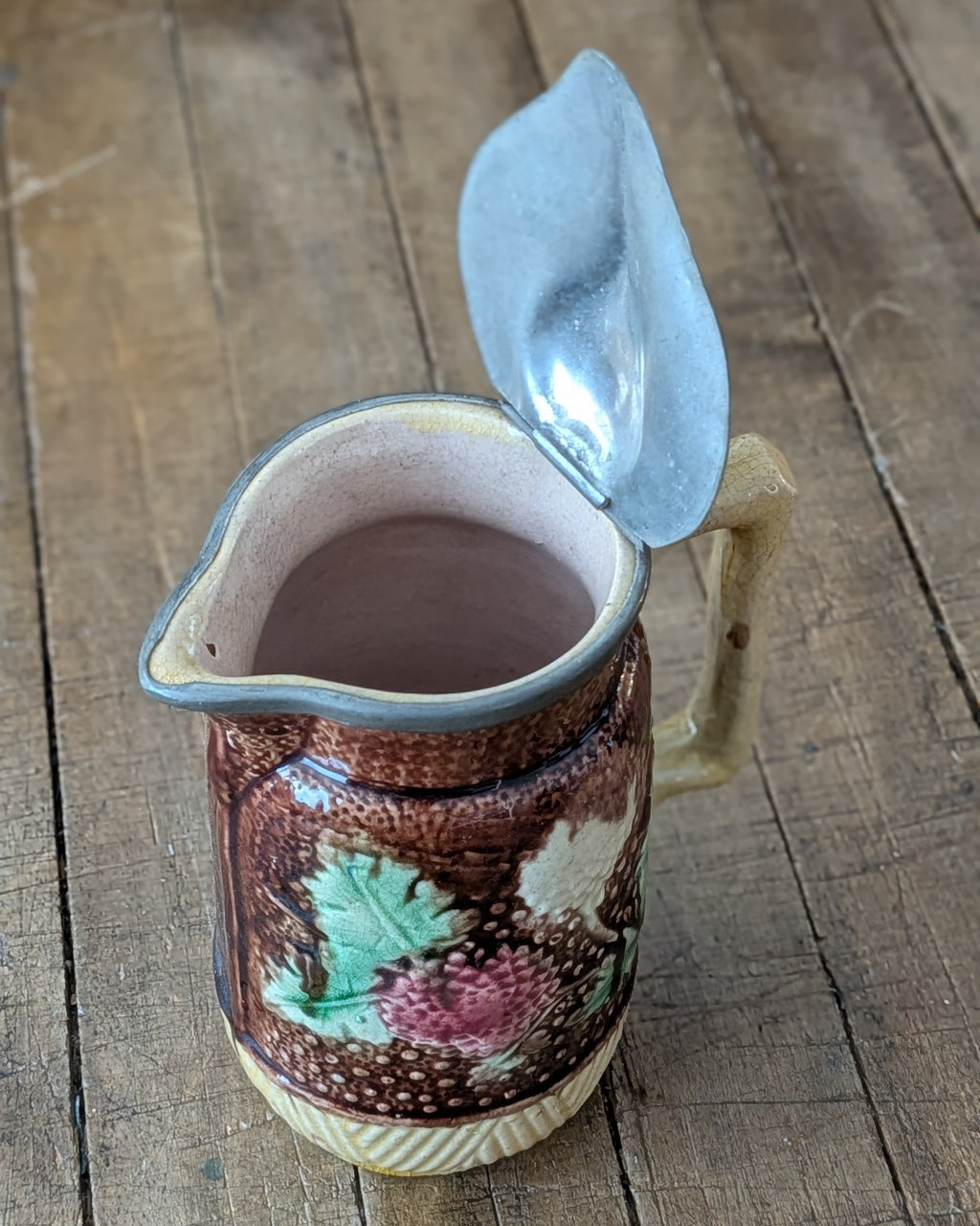 Antique Victorian Majolica Syrup or Milk Jug with Hinged Pewter Lid, c1880