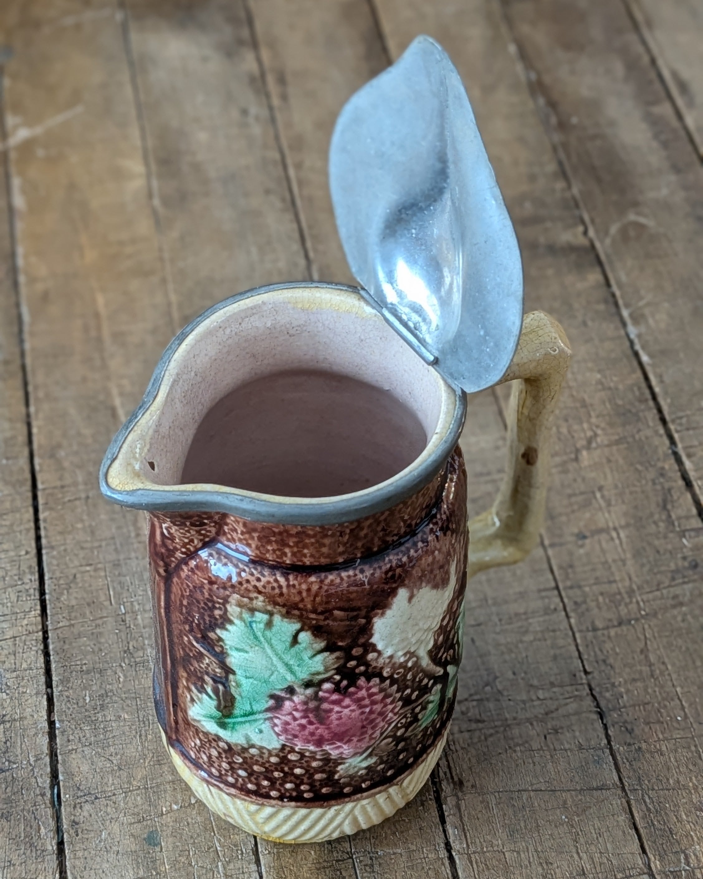 Antique Victorian Majolica Syrup or Milk Jug with Hinged Pewter Lid, c1880