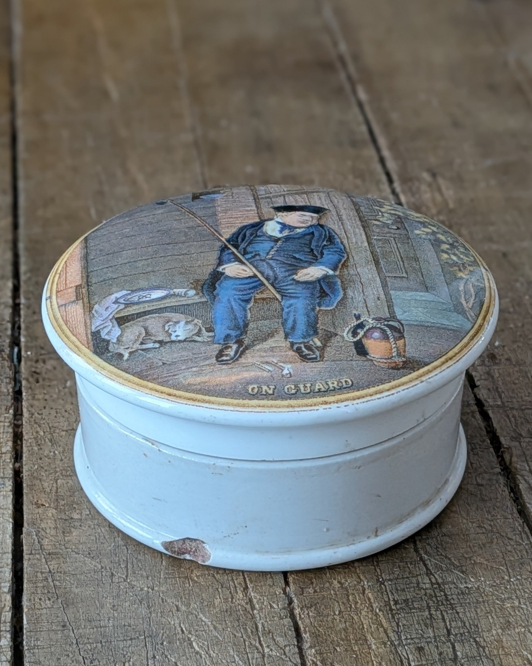 c1870 Prattware Lidded Pot 'On Guard'