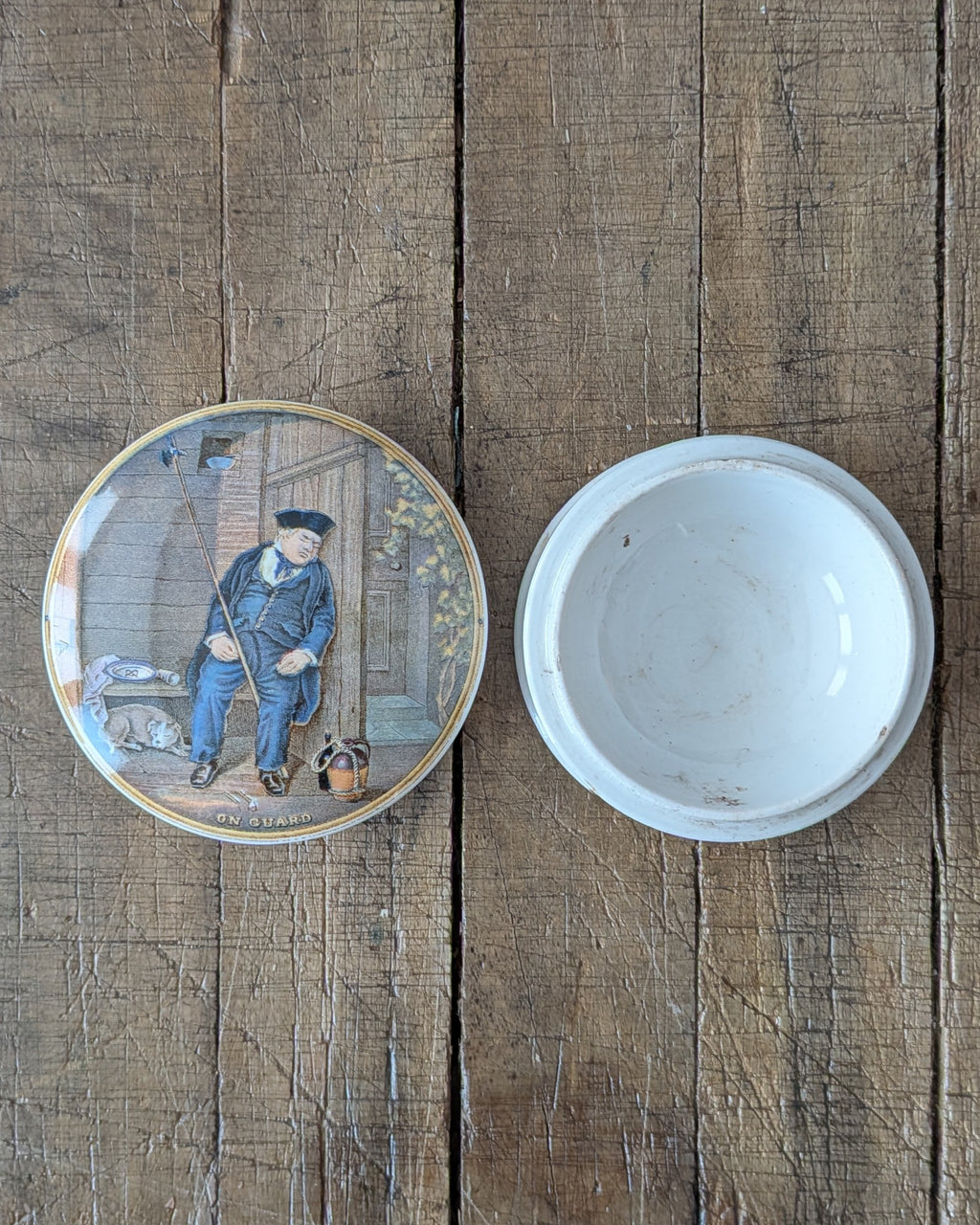 c1870 Prattware Lidded Pot 'On Guard'
